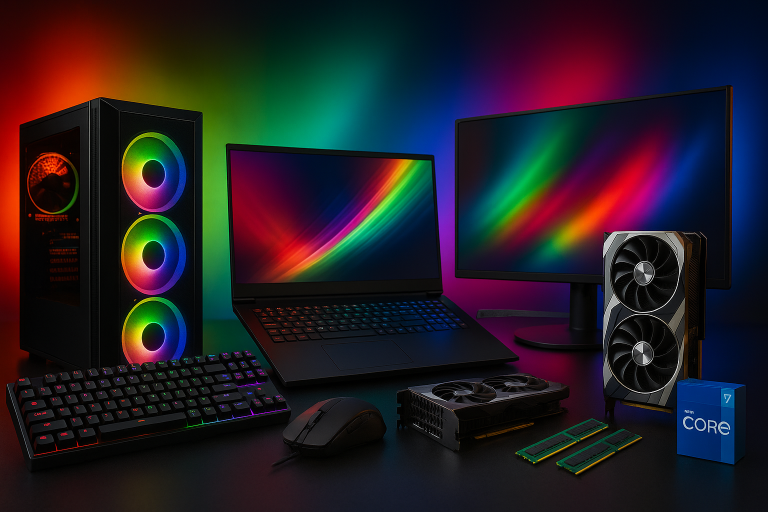 all computer product with rgb blur background